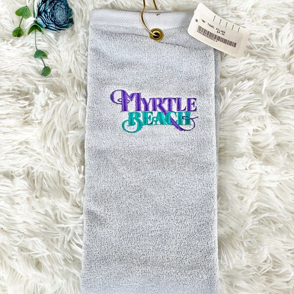 🆕NWT MYRTLE BEACH SILVER TOWEL WITH gold tone hardware & Hook w/purple & teal